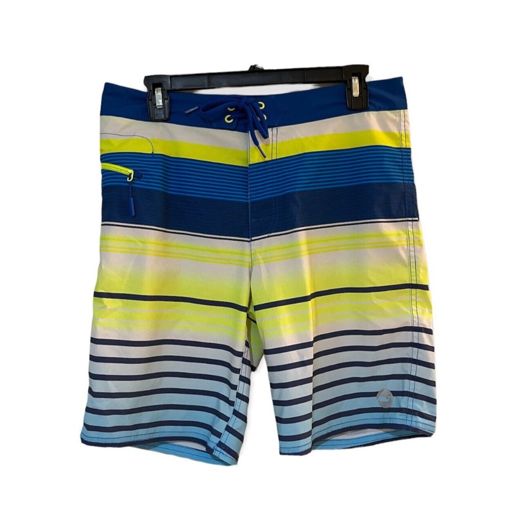 Vineyard Vines Men's Highlighter Yellow & Blue Striped Swim Board Shorts Size 30